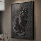Tableau de diamants personnalisé d'un chat noir, encadré et accroché au mur d'un salon