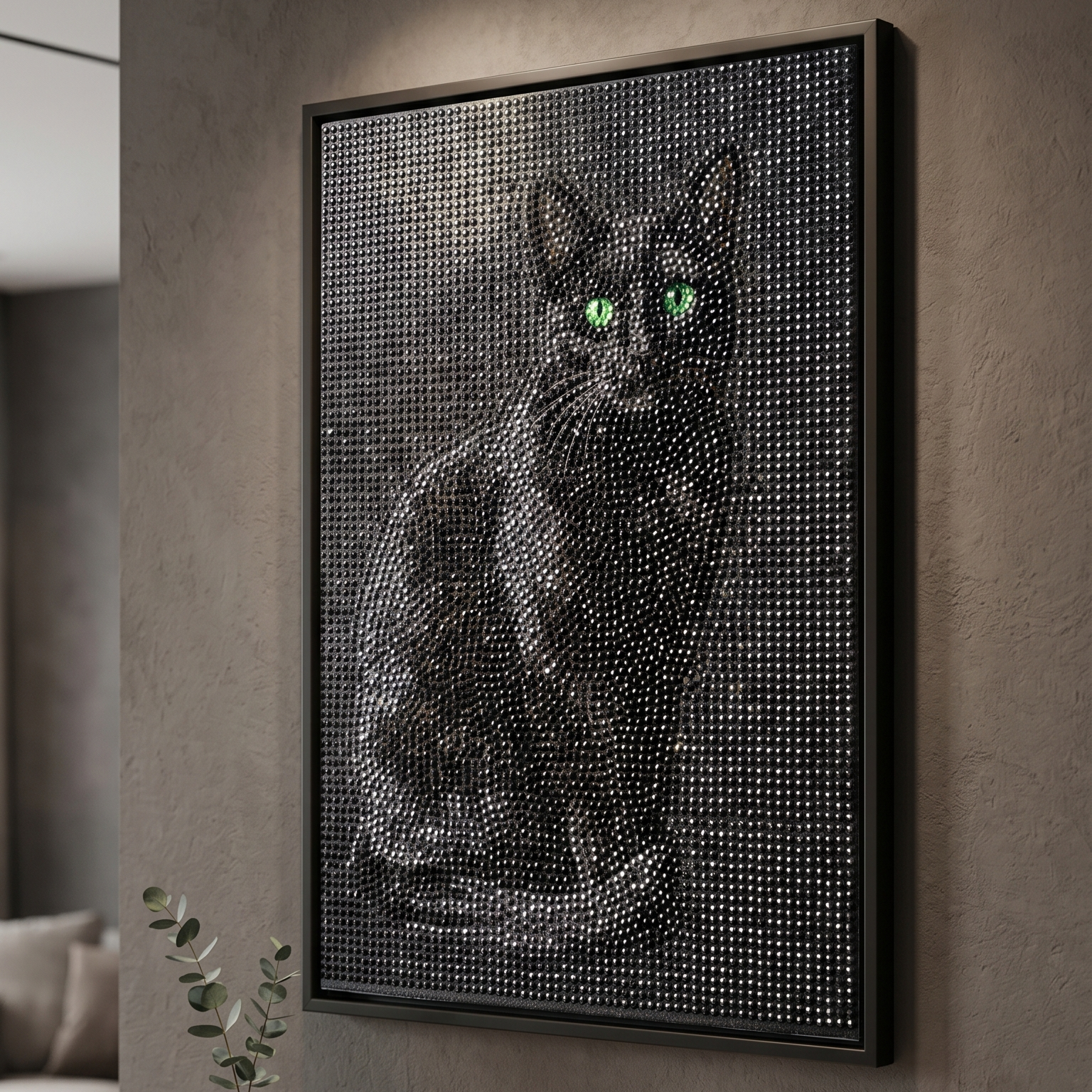 Tableau de diamants personnalisé d'un chat noir, encadré et accroché au mur d'un salon