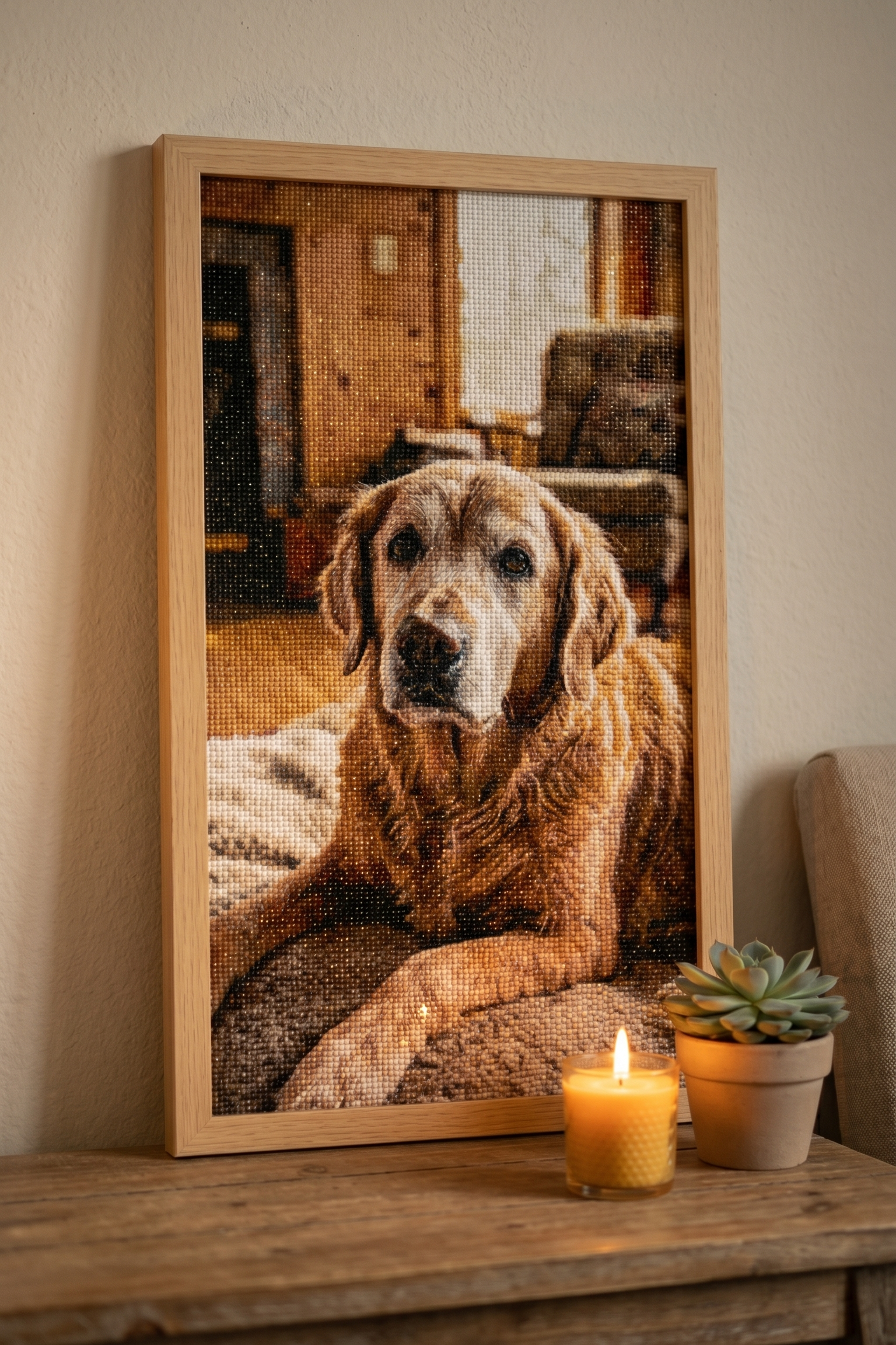 Tableau de diamants personnalisé d'un chien golden retriever, encadré et posé sur une console