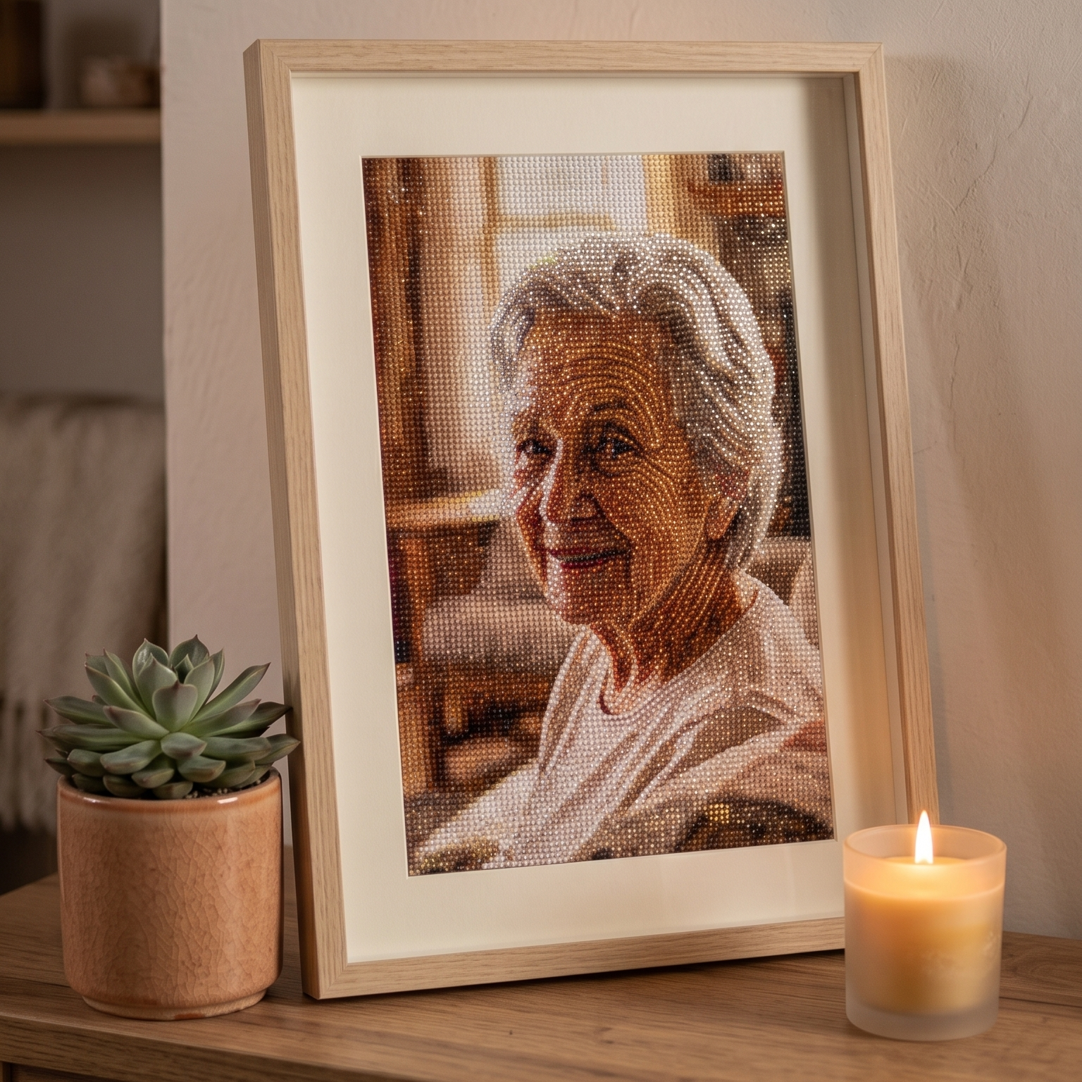 Portrait de grand-mère en tableau de diamants personnalisé, encadré et posé sur un meuble avec une bougie