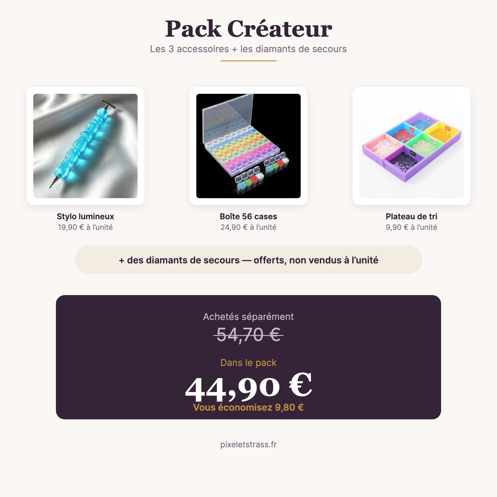 Pack Créateur diamond painting : stylo applicateur lumineux, boîte de rangement 56 compartiments et plateau de tri 6 compartiments