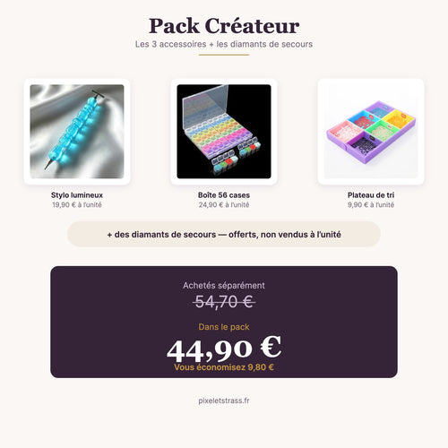 Pack Créateur diamond painting : stylo applicateur lumineux, boîte de rangement 56 compartiments et plateau de tri 6 compartiments